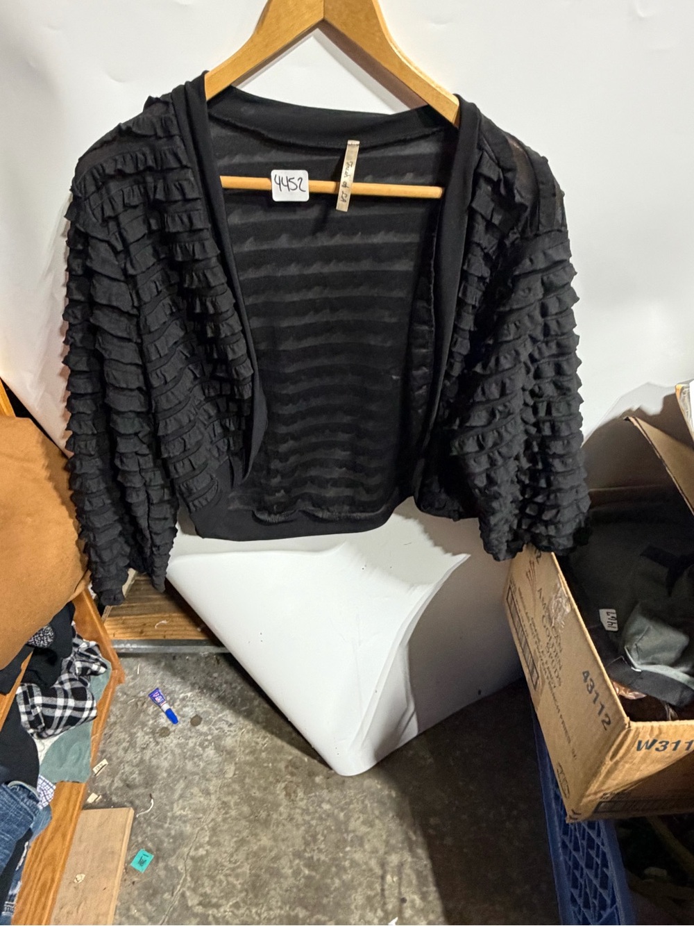#4452-Women's Black Ruffle Open-Front Shrug Bolero